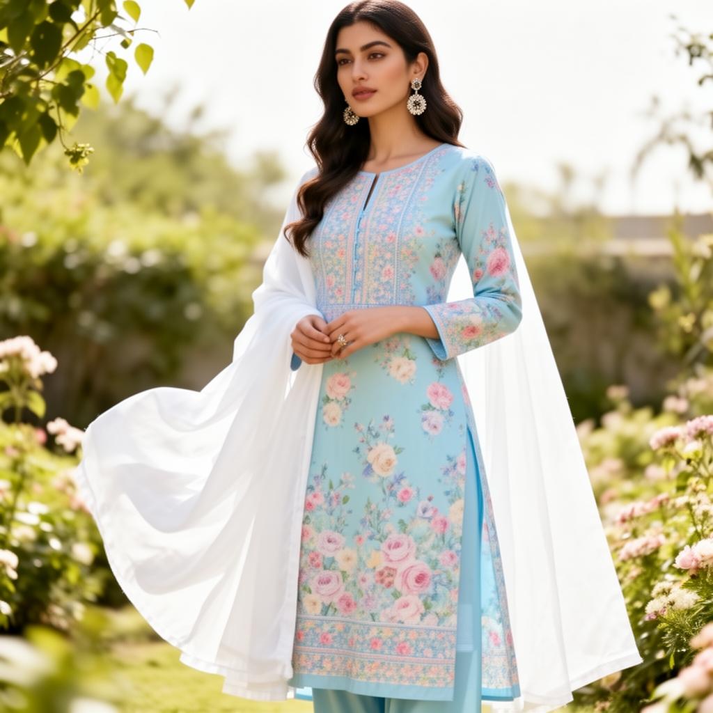 Model wearing a printed lawn casual pret from ZR Wears